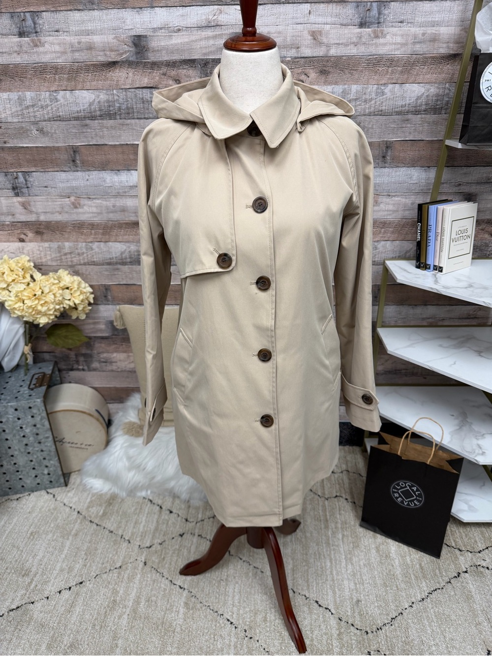 Weatherproof Tan 3/4 Length Hooded Trench Coat with Buttons